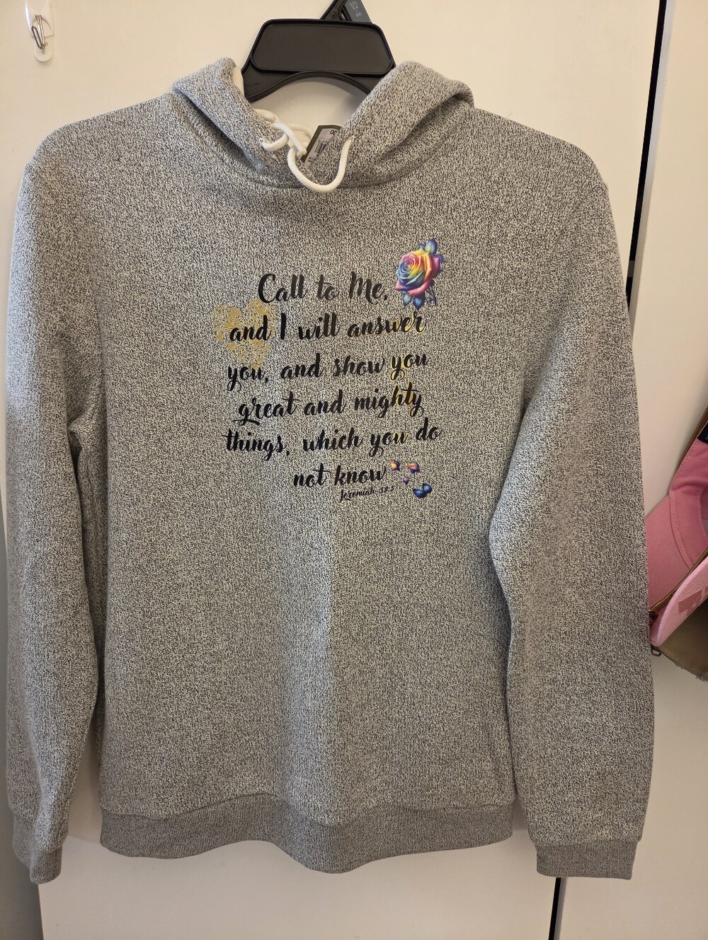Women's Gray Hooded Sweatshirt with Inspirational Script Upscaled DTF.